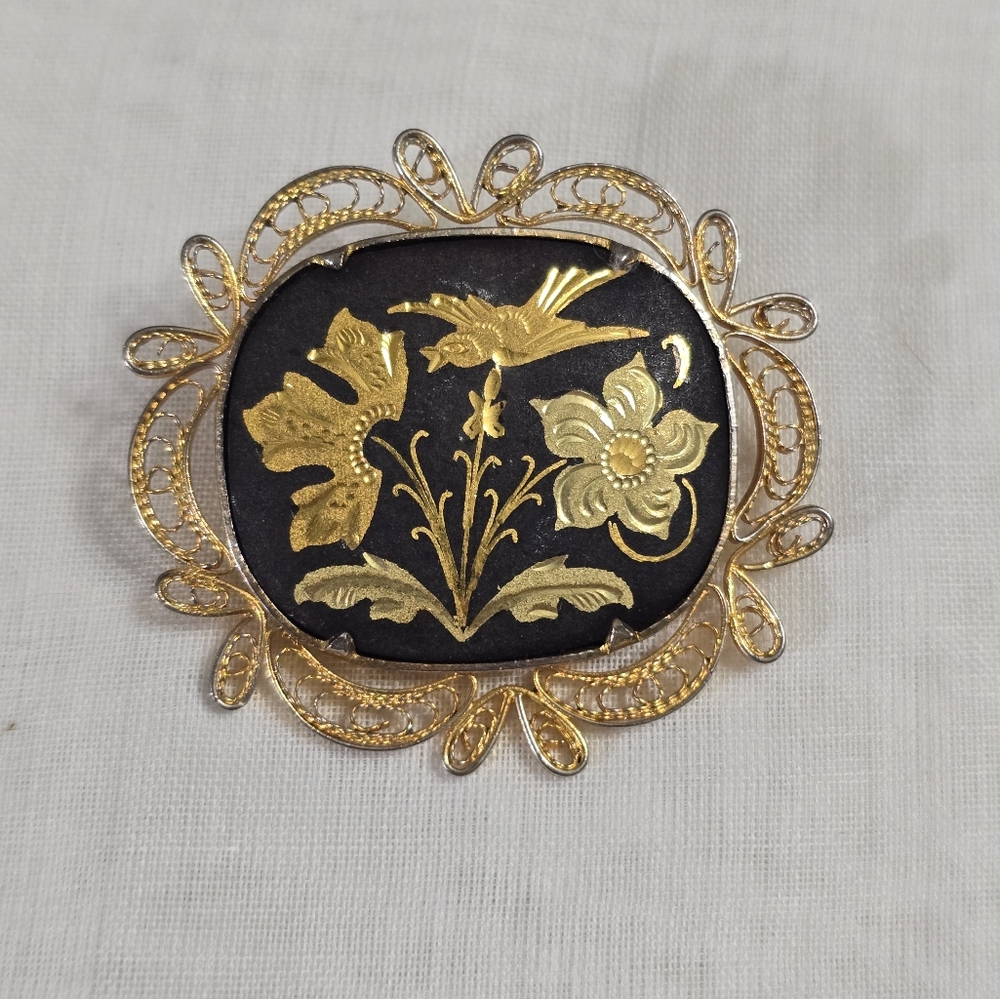 Vintage Damascene Toledoware Bird and Floral Motif Filigree Brooch